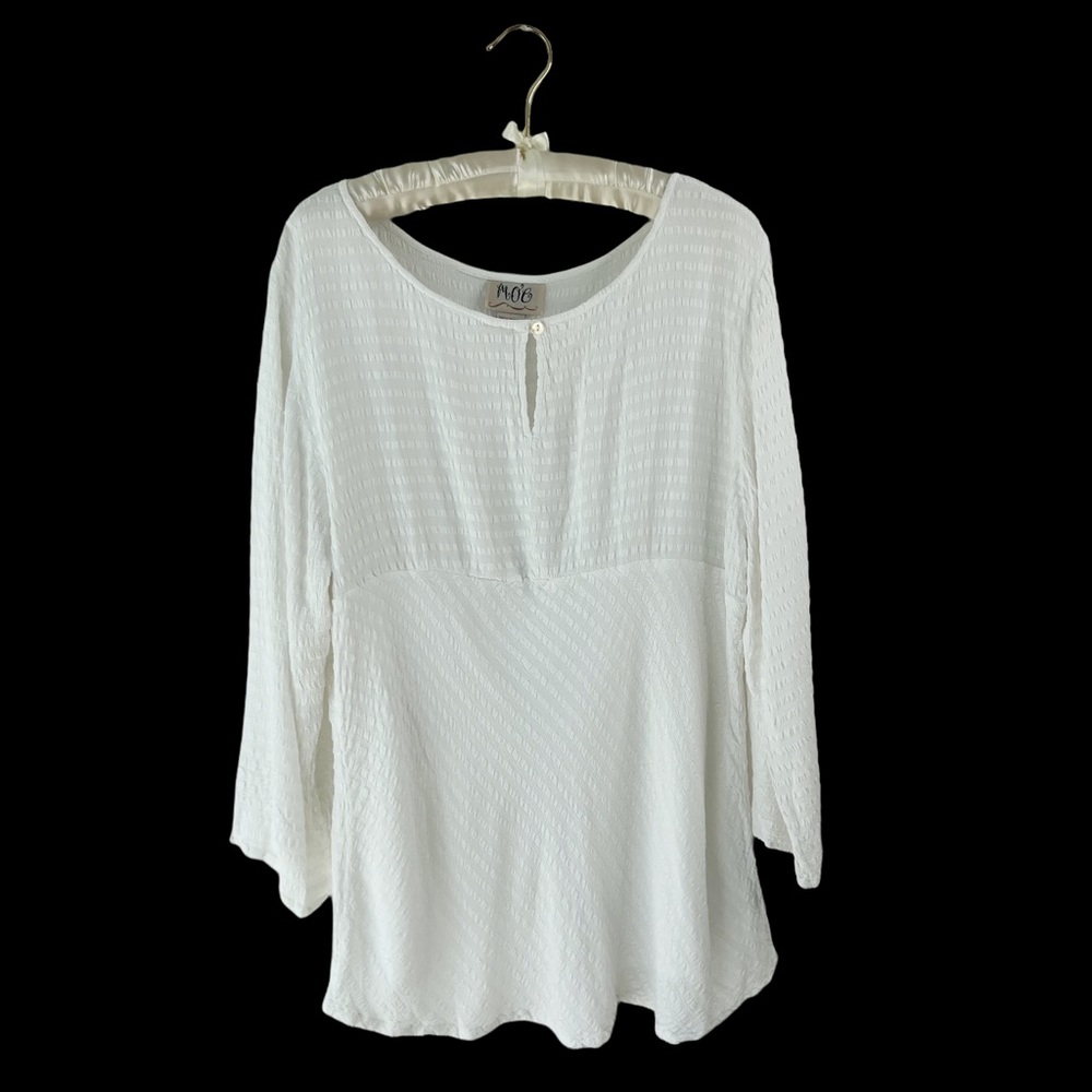 Moe white gauze semi sheer embossed check blouse keyhole bracelet sleeves Sz XL